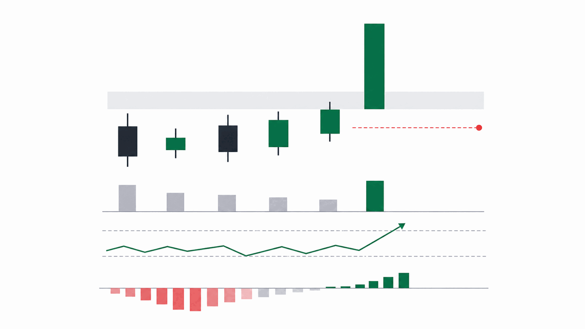 박스 돌파·거래량 급증·RSI 50 상향·MACD 전환이 한 봉에 겹친 진입 자리